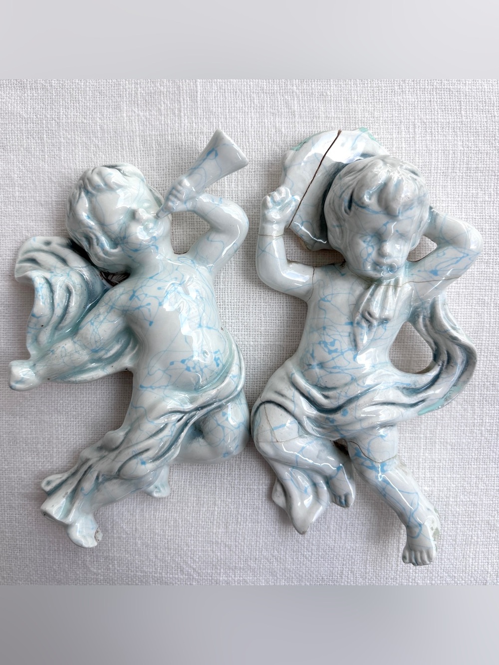 Vintage Ceramic Cherub Angel Wall Art Pair in Pale Blue and Cream